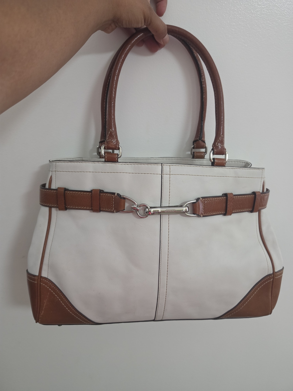 Coach Vintage White and Brown Leather Tote Bag with Bit Detail
